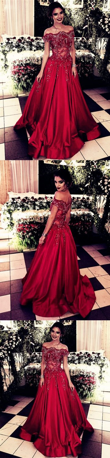 Lace Beaded Off Shoulder Long Evening Dresses Satin Prom Gowns 2018 ...