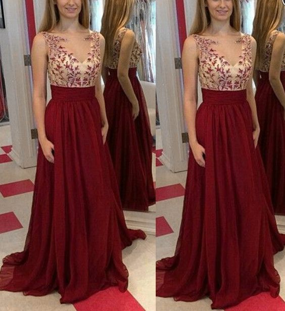 Burgundy Appliques Charming A-line Prom Dresses,long Evening Dresses 