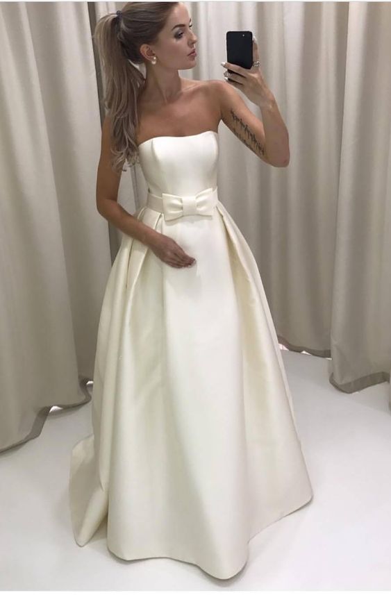 Custom Made White Satin Strapless Long Evening Dress With