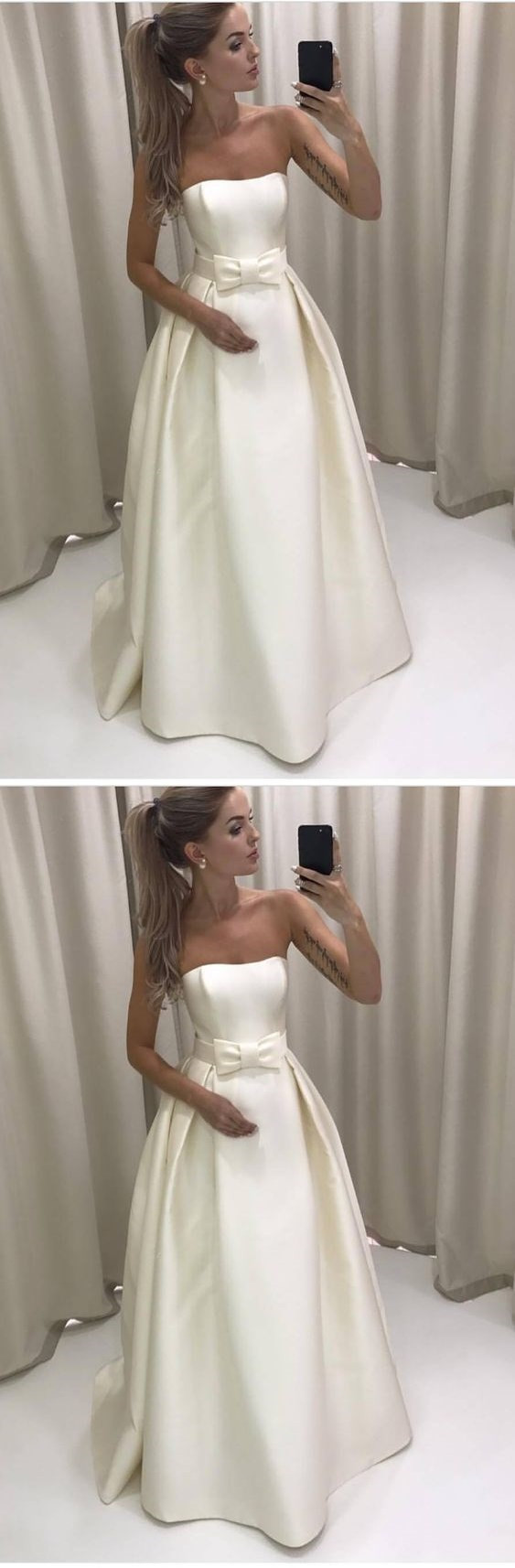 Custom Made White Satin Strapless Long Evening Dress With Ribbon, Prom