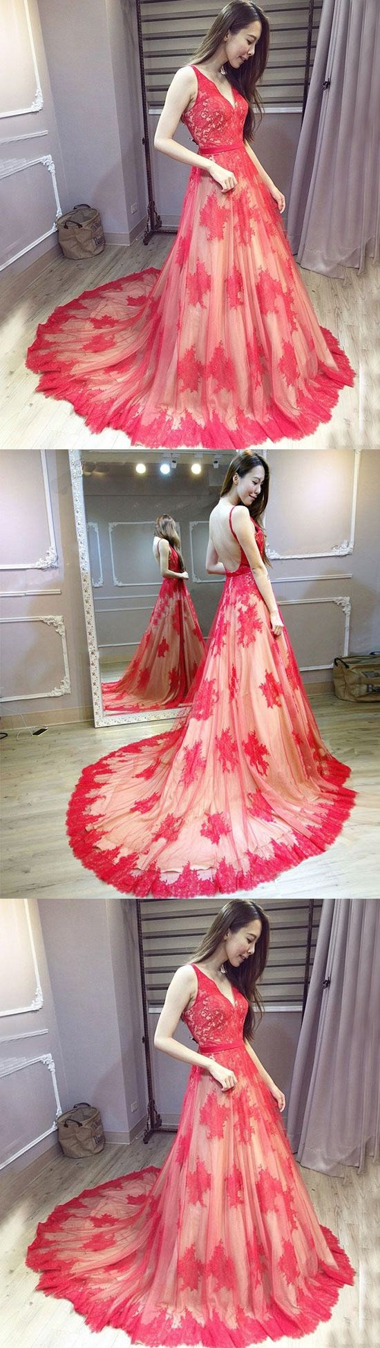 Red V Neck Lace Long Prom Dress, Red Lace Evening Dress M1926 on Luulla