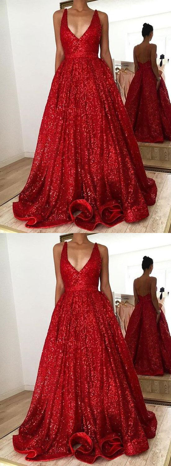 Red Sequins V Neck Long Prom Dress Red Evening Dress M2057 On Luulla 5303