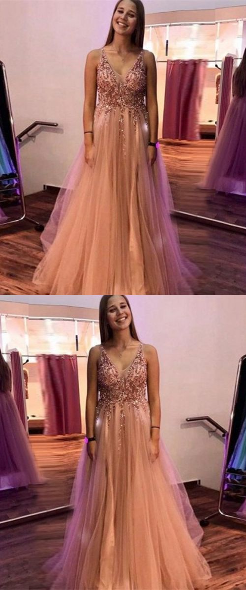 Tulle A Line V Neck Sweep Train Prom Dress With Appliques LBQ0994