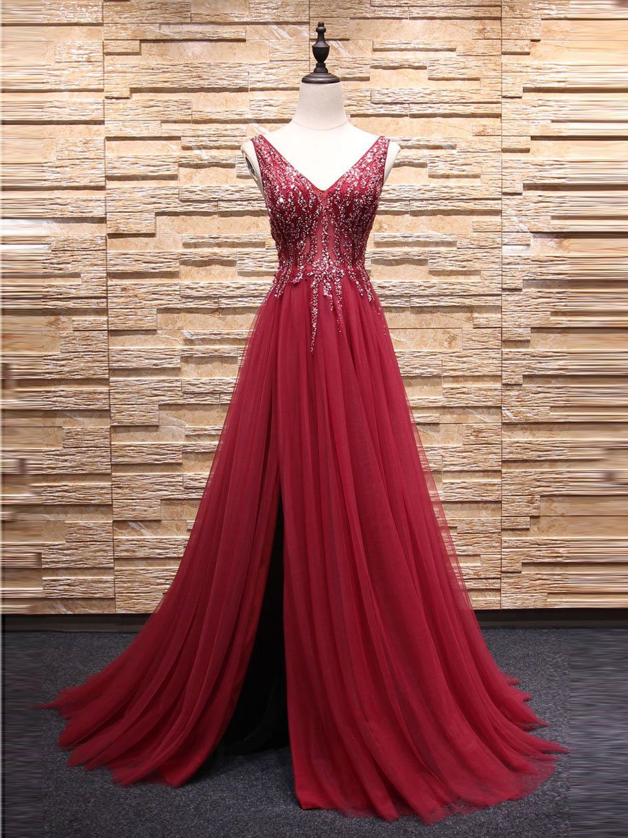 A Line V Neck Burgundy Tulle Beaded Prom Dresses With Split M2348 On Luulla