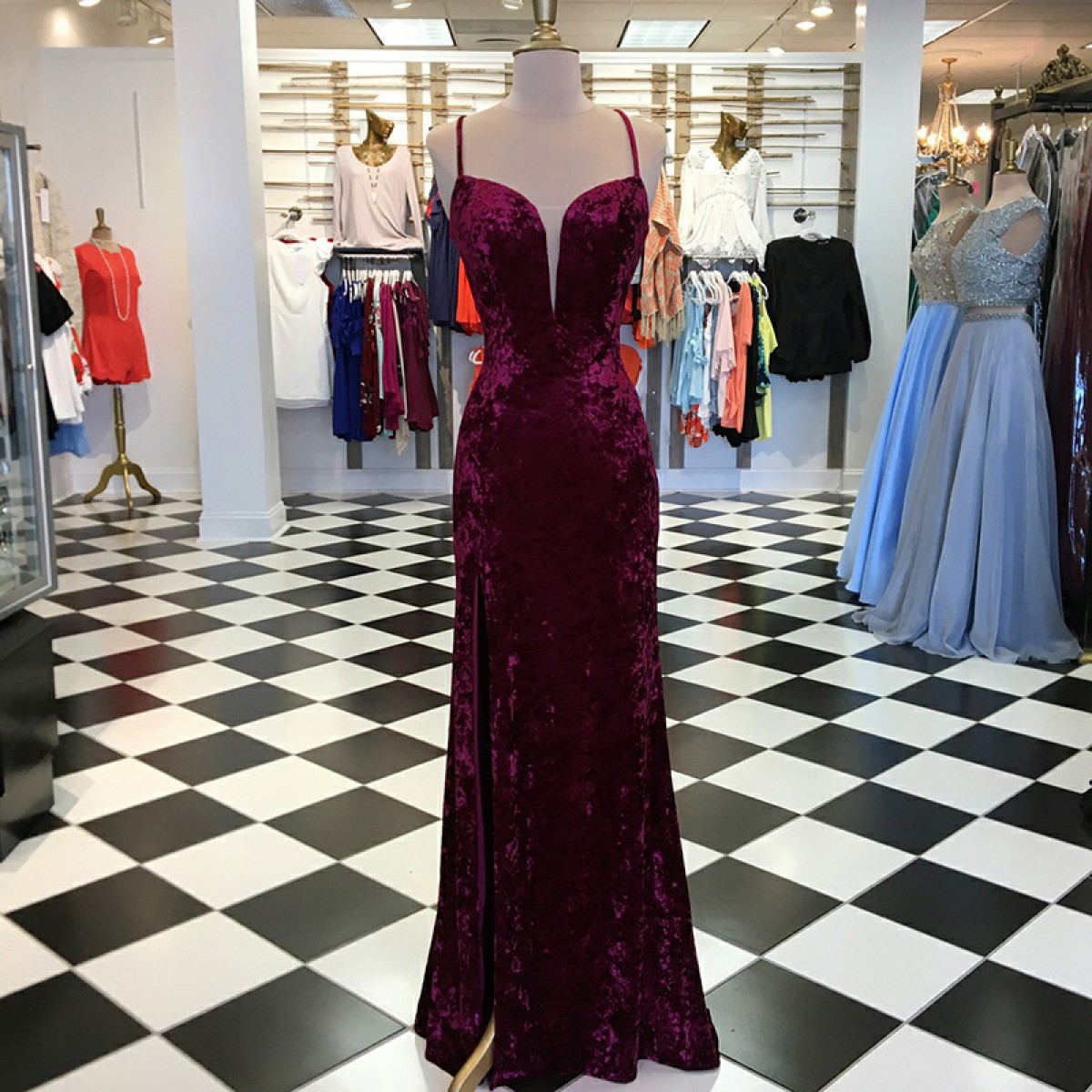 Chic Burgundy Velvet Prom Dress with Spaghetti-Straps and Split