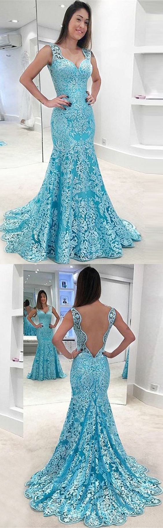 Mermaid Scoop Neck Sweep Train Backless Blue Lace Prom Dress M2428 on ...