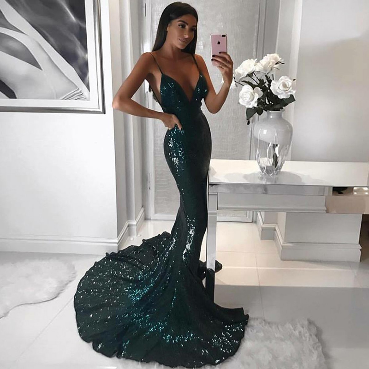 Mermaid Spaghetti Straps Sweep Train Dark Green Sequined Prom Dress ...