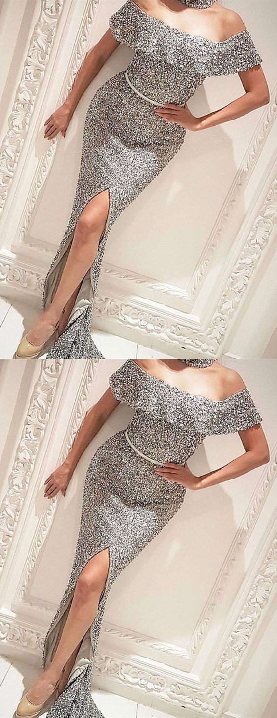 Beautiful Off-the-shoulder Sequined Mermaid Prom Dress With Slit
