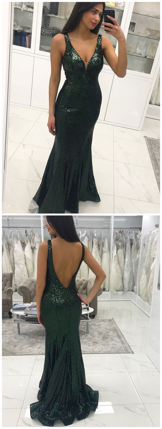 Sexy Long Green Mermaid Lace Prom Dresses Sequins Backelss Formal