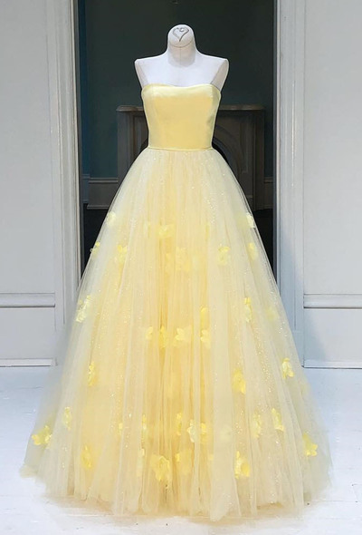 Yellow Tulle Princess Strapless A-line Long Prom Dress, Party Dress ...