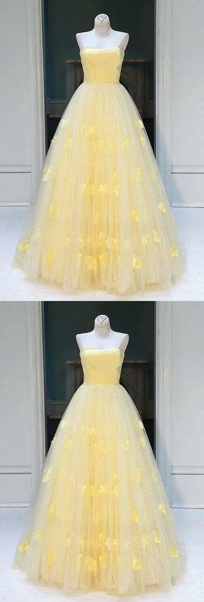 Yellow Tulle Princess Strapless A-line Long Prom Dress, Party Dress