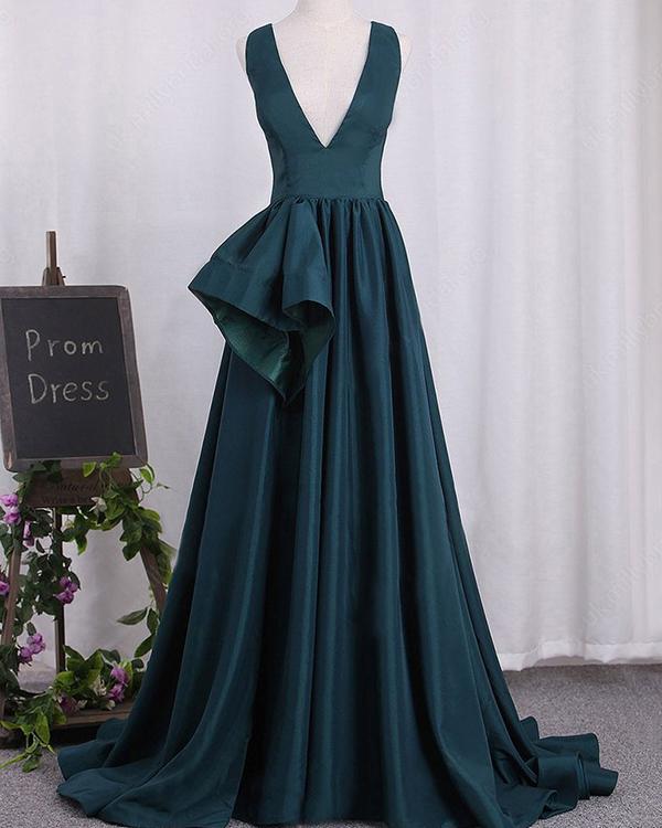 Chic Hunter Green Prom Dresses V-Neck Satin Long 2018 Pageant Gowns ...