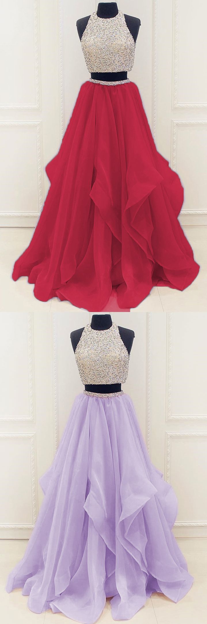Red Beaded Prom Dress,two Pieces A Line Prom Dress,custom Made Evening