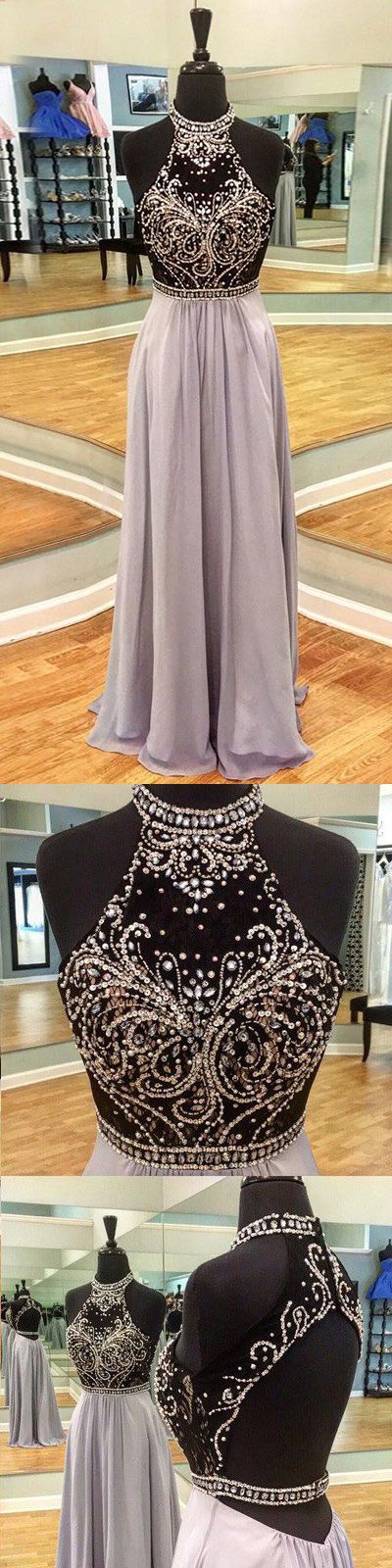 Blue Open Back Lace Long Sleeves Jewel Sweep Train Prom Dress LBQ2005 main image 1