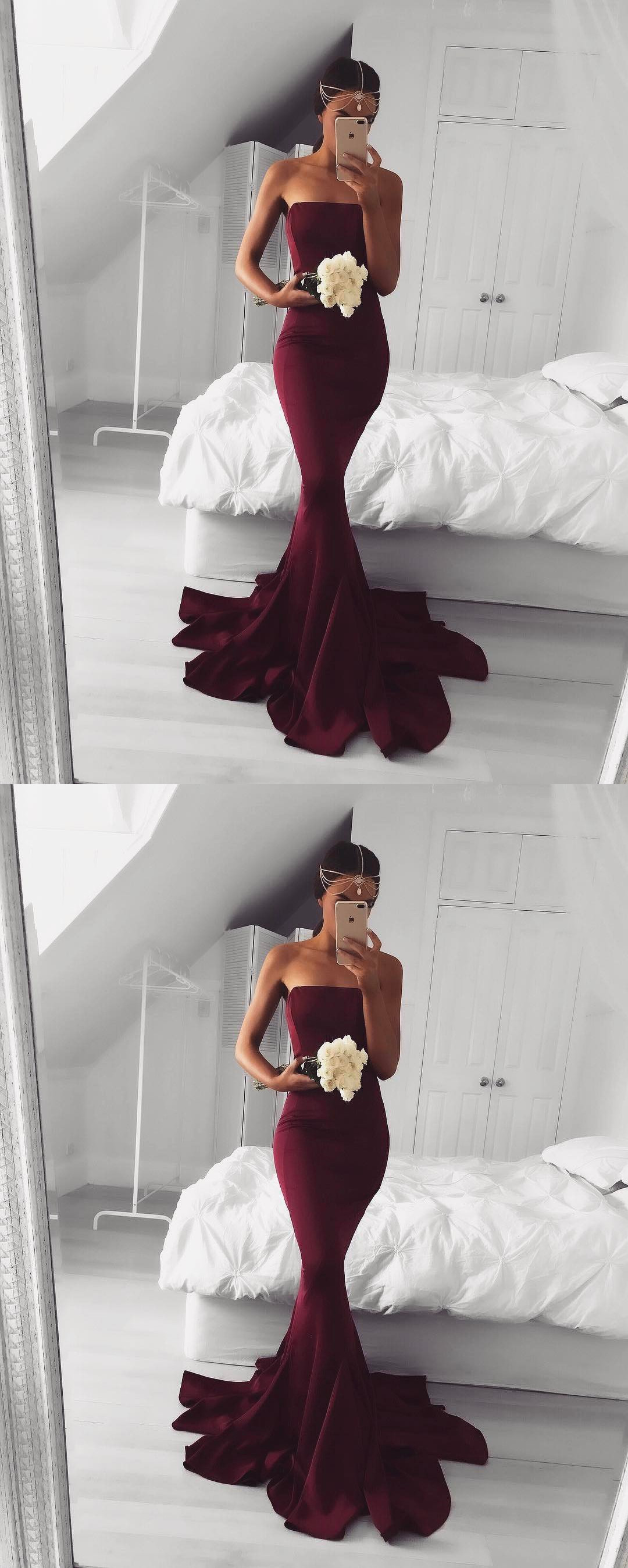 Sexy Burgundy Mermaid Chiffon Prom Dress Strapless Graduation Party Dress Y8783