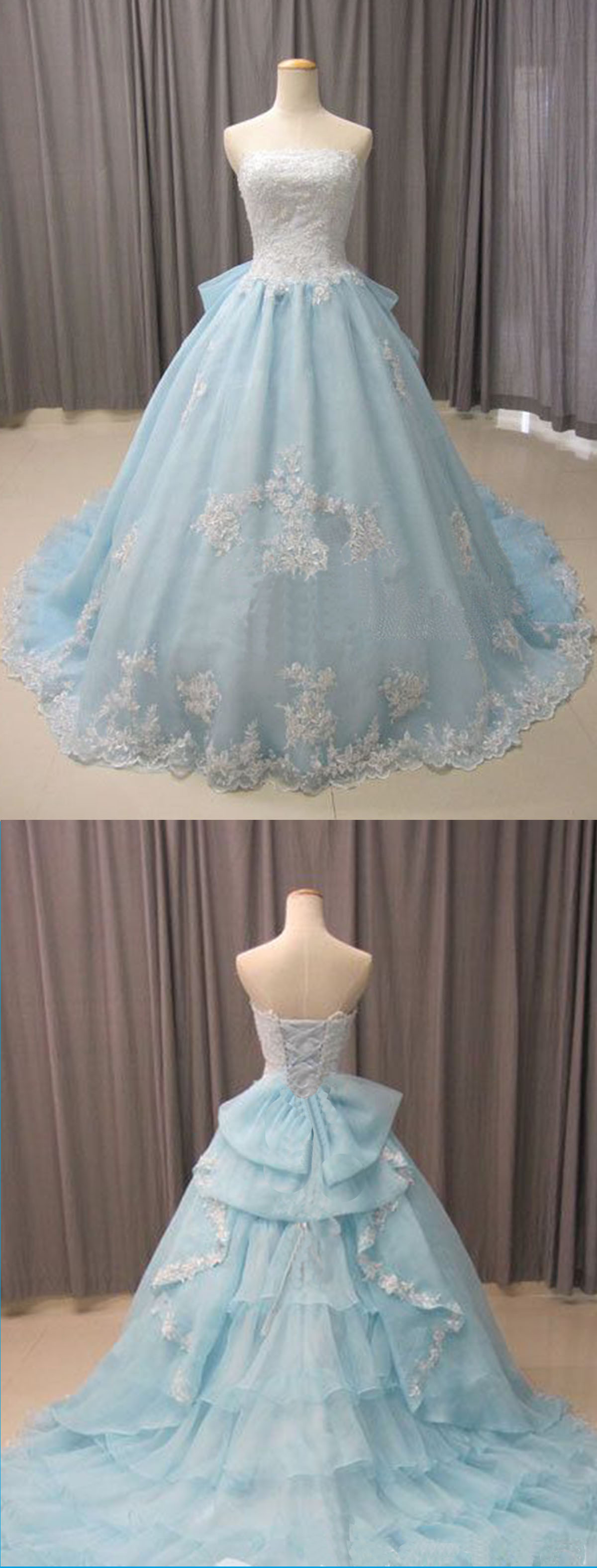 Blue Tulle Strapless Long Train Lace Formal Prom Dress, Evening Dress ...