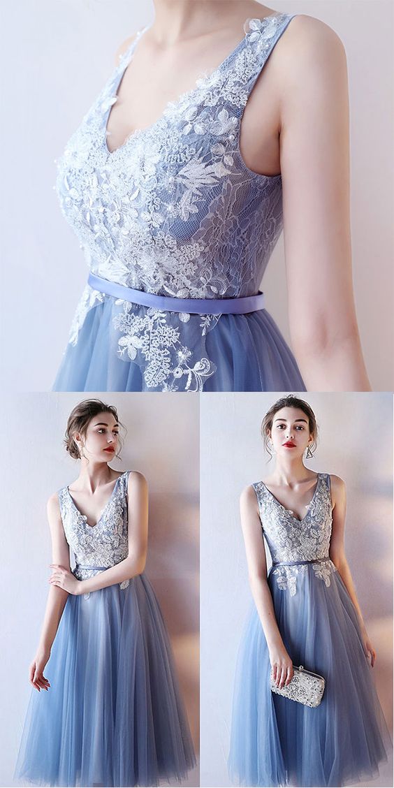 Wholesa A-line Cute V Neck Light Blue Lace Floral Short Prom Homecoming Dresses