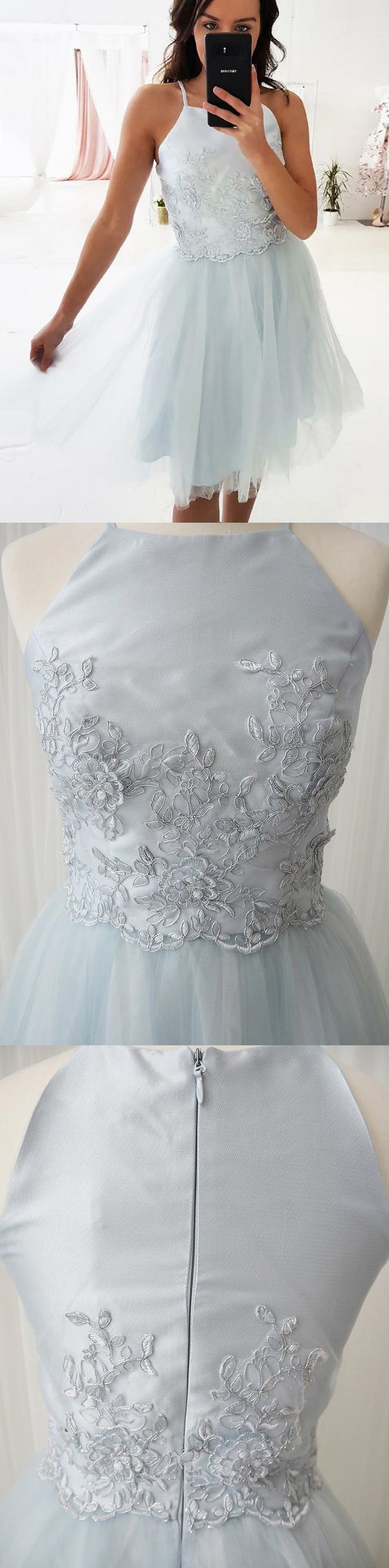 A Line Above-Knee Light Blue Tulle Homecoming Prom Dress with Appliques UQ1877 main image 1