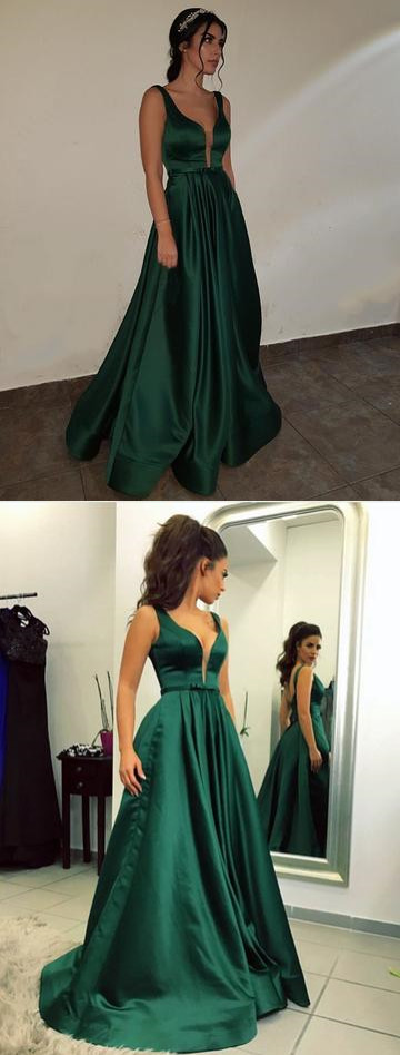 Dark Green V Neck Satin Fitted Long Formal Dress main image 0