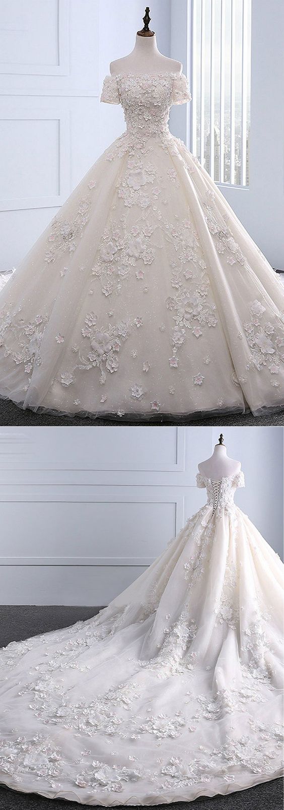Ivory Strapless Sweep Train Off Shoulder Lace Wedding Dress With