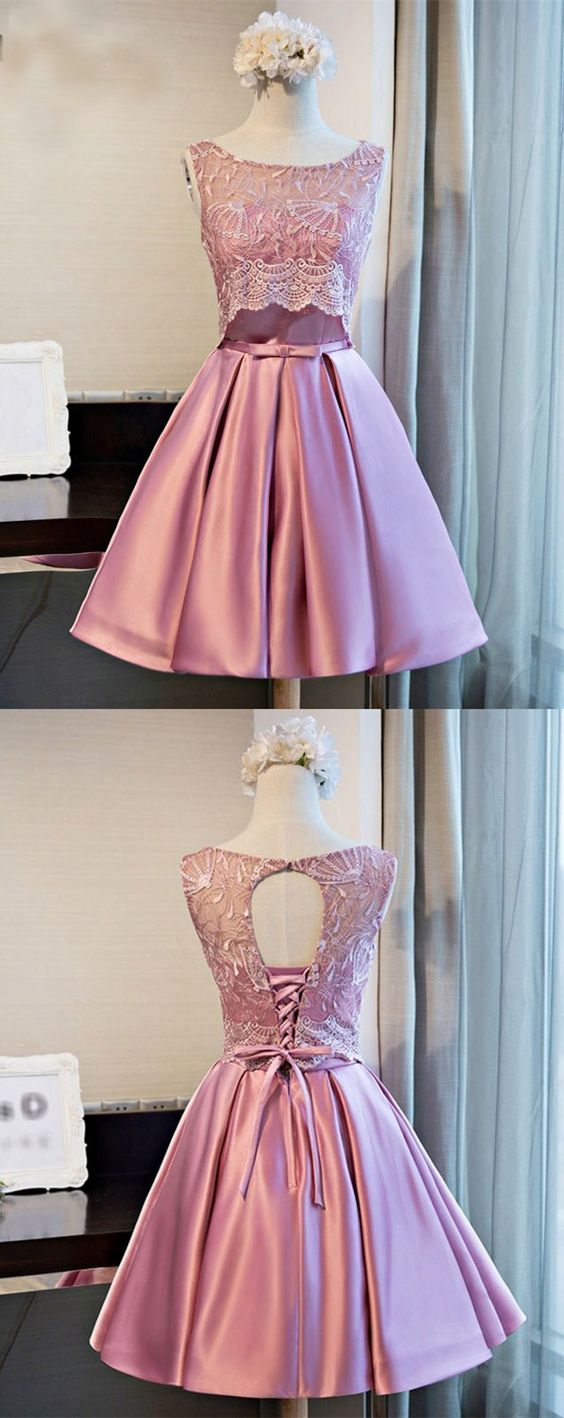 A-line Scoop Knee-length Pink Satin Homecoming Dress With Lace M5480 on ...
