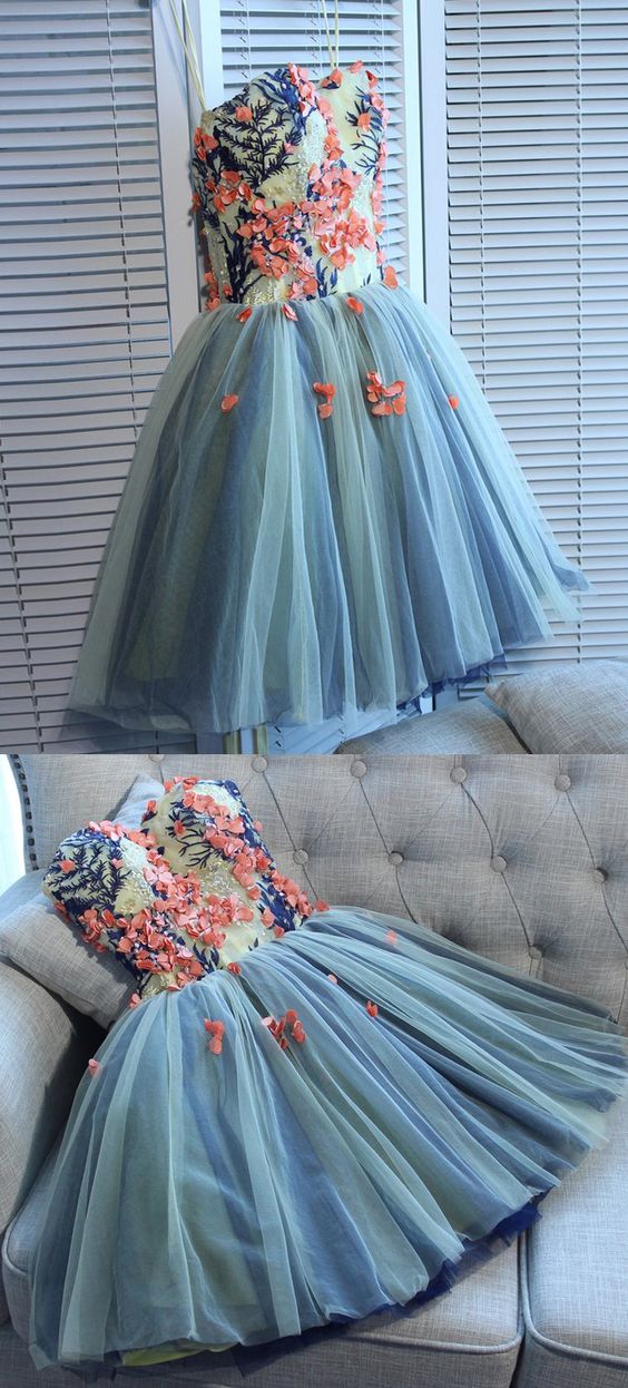 Unique Sweetheart Tulle Mini Dress With Flowers,A Line Short