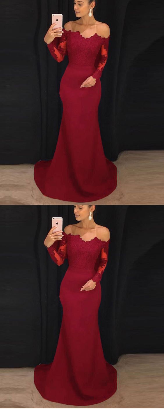 Elegant Fitted Long Sleeves Evening Gown Lace Appliqued Red Prom