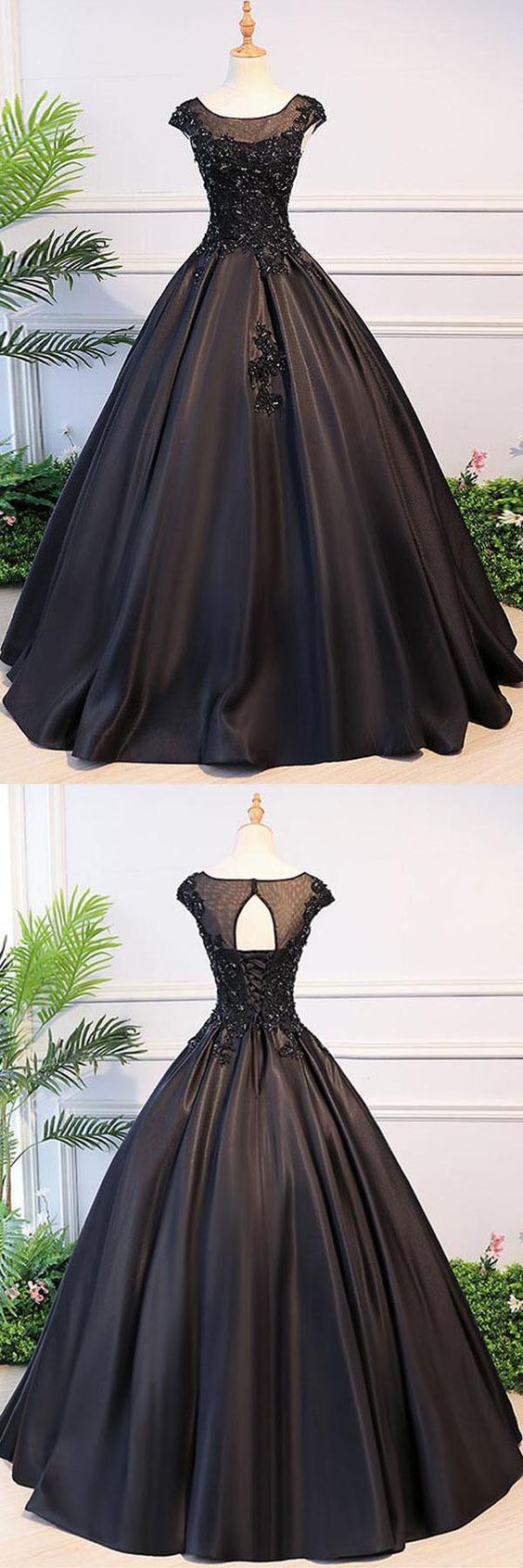 Ball Gown Round Neck Black Satin Cap Sleeves Prom Dresses With Lace ...