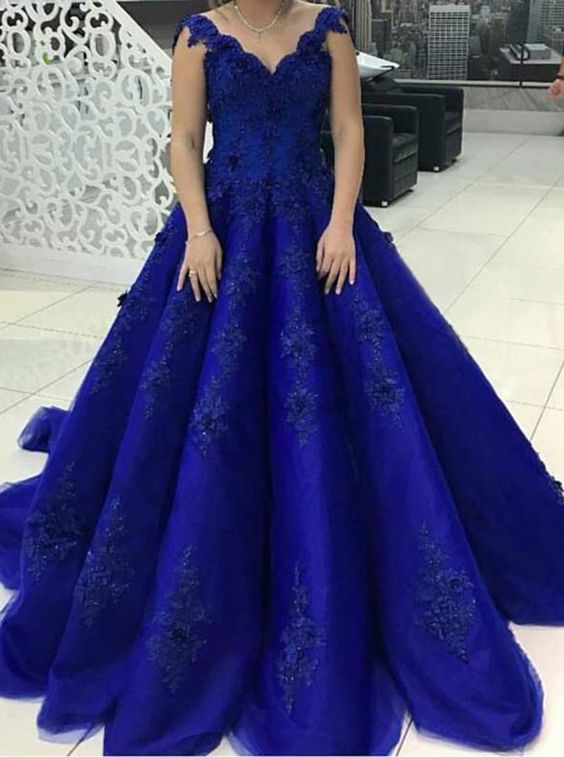 Ball Gown Scalloped-edge Royal Blue Tulle Appliques Quinceanera Dress ...