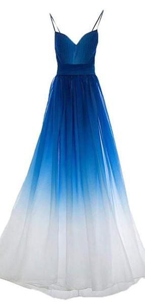Chiffon Blue Ombre Spaghetti Straps Cheap Long Evening Prom Dresses ...