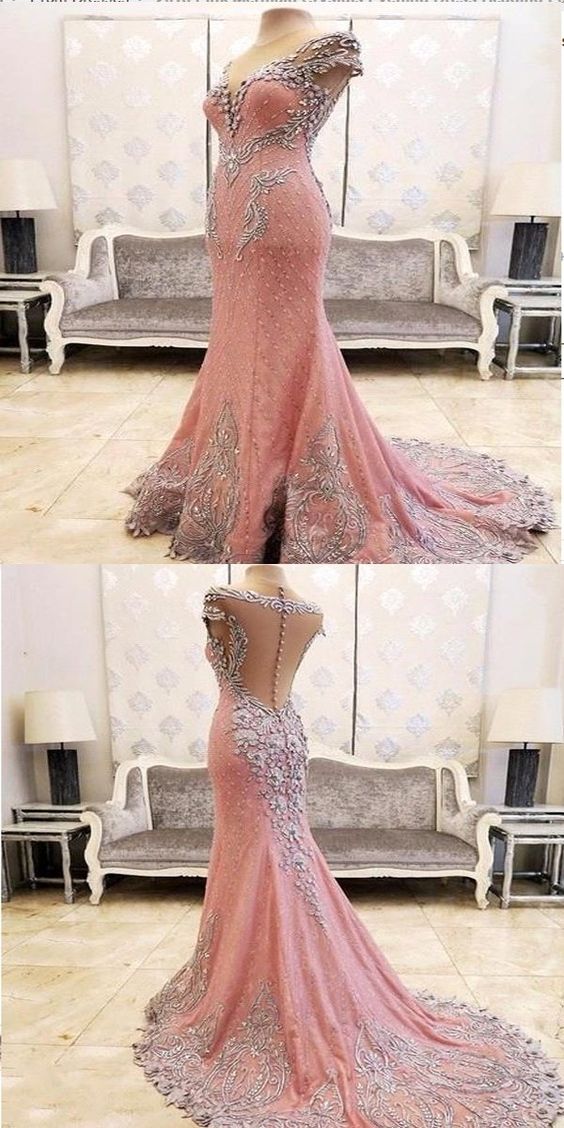 Mermaid Pink Tulle V-neck Sleeveless Floor Length Prom Dresses With ...