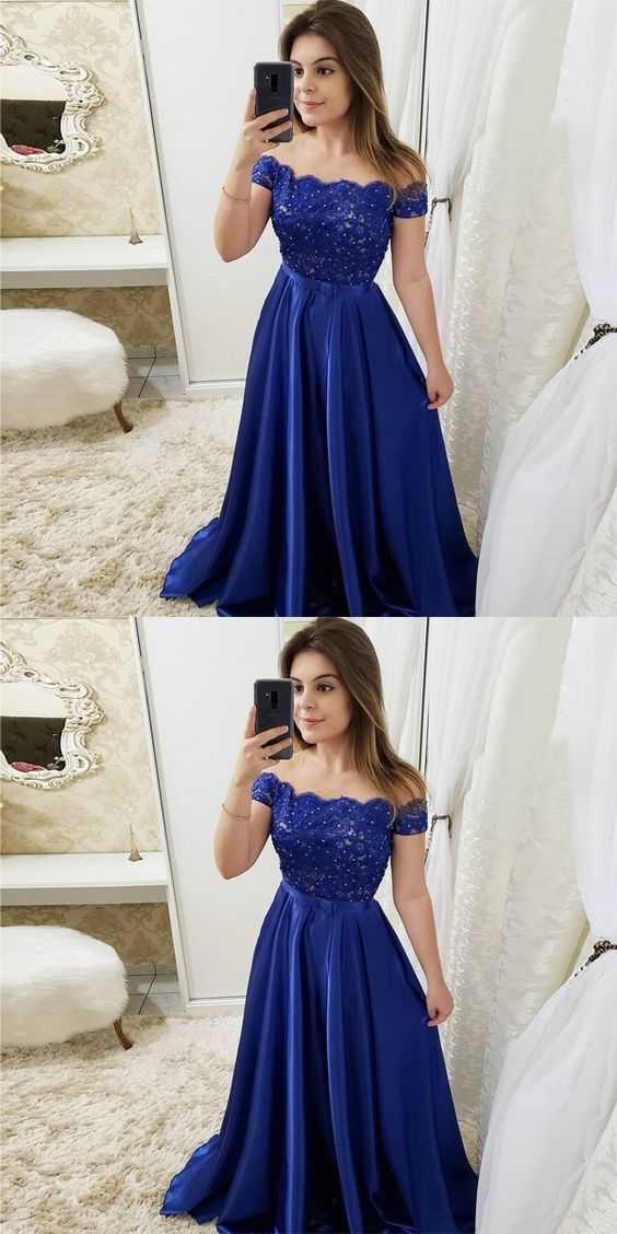 Beautiful Royal Blue Off Shoulder New Prom Dress , Beaded Party Dress