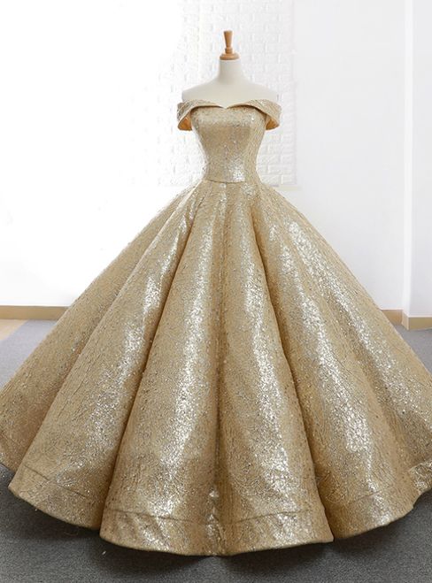 Modern Sleeveless aline Ball Gown Gold Appliques Off the Shoulder Tulle Party Gowns