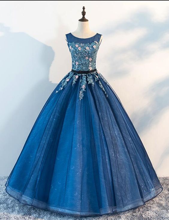 Blue Tulle Long Flower Lace Evening Dress, Formal Prom Dress M7698 on ...