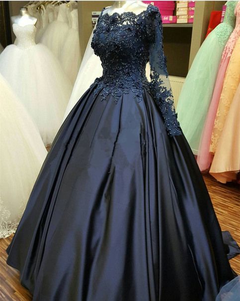 Navy Blue Satin Long Sleeve Lace Applique Formal Prom Dress, Evening ...