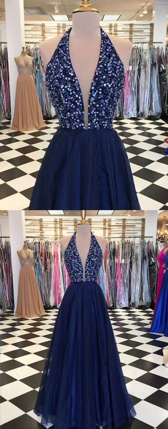 Shinning Sequins V Neck Navy Blue Tulle Backless Long Prom Dresses ...
