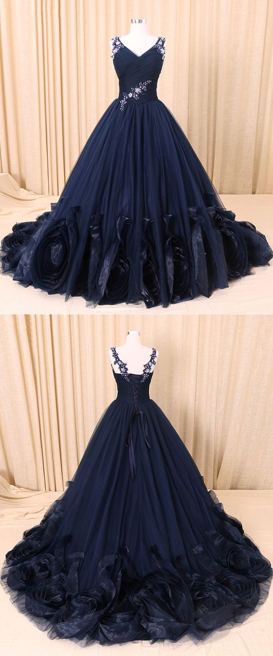 V-neck Navy Blue Appliques Sparkle Tulle Long Dress