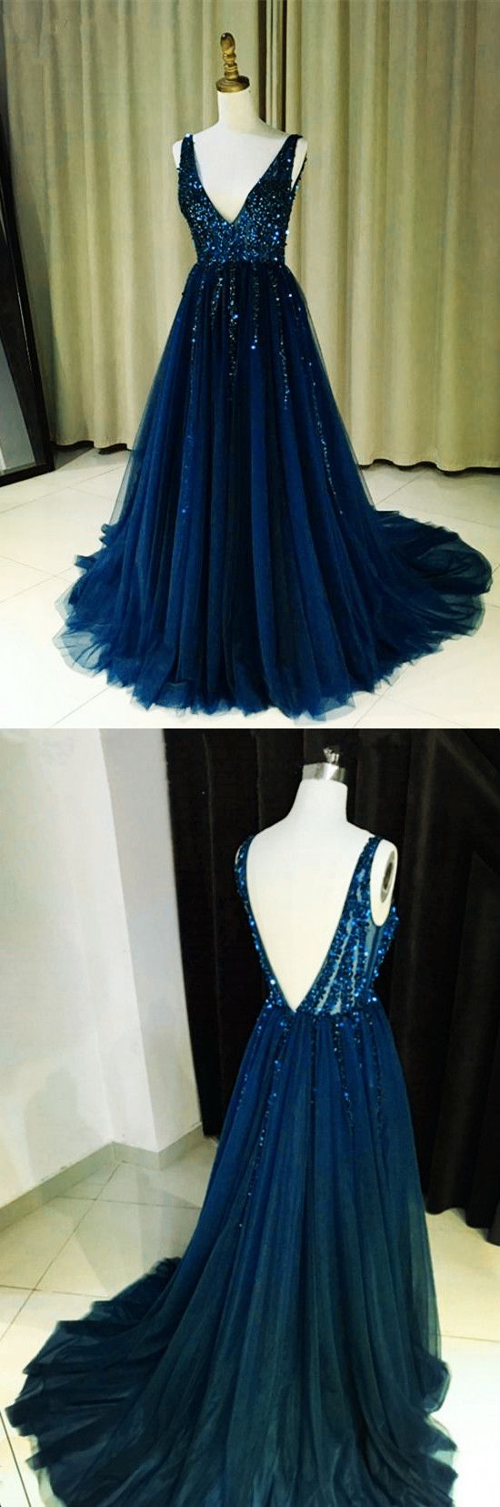 Navy Blue Evening Gown Long Tulle V Neck Prom Dress Sequin Beaded M8307 ...