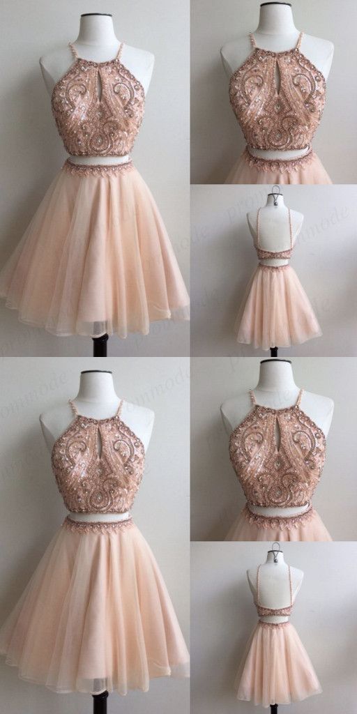 Two Piece  Mini/Short Pink Lace Homecoming Dress