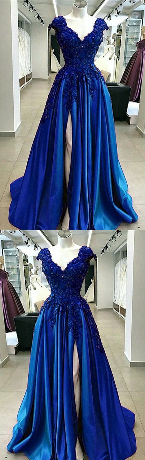 Royal Blue Lace Flowers Beaded Cap Sleeves V-neck Prom Dresses Split