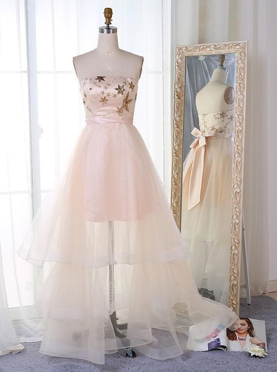 Strapless Bright Pink A Line Prom Dress With Pearls