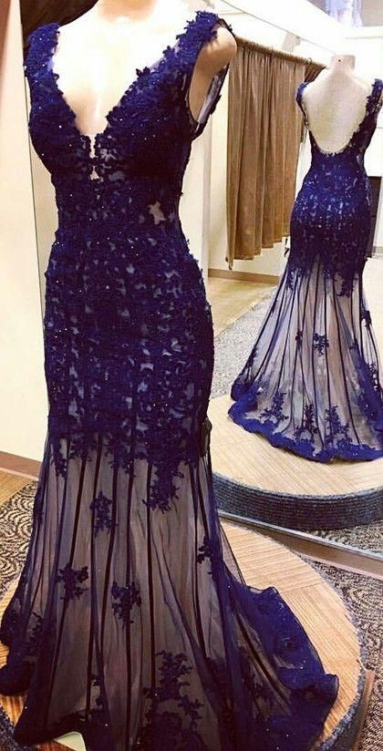 Mermaid Navy Blue Lace Appliques Tulle Long Prom Dress M111 on Luulla