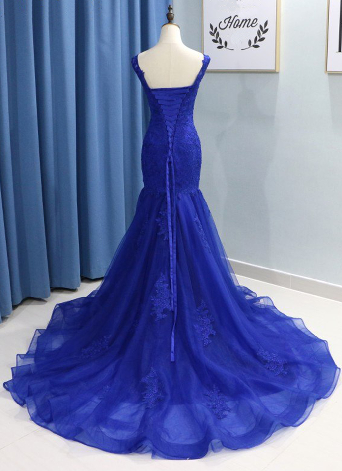 4863 Blue Tulle Lace Mermaid Dress