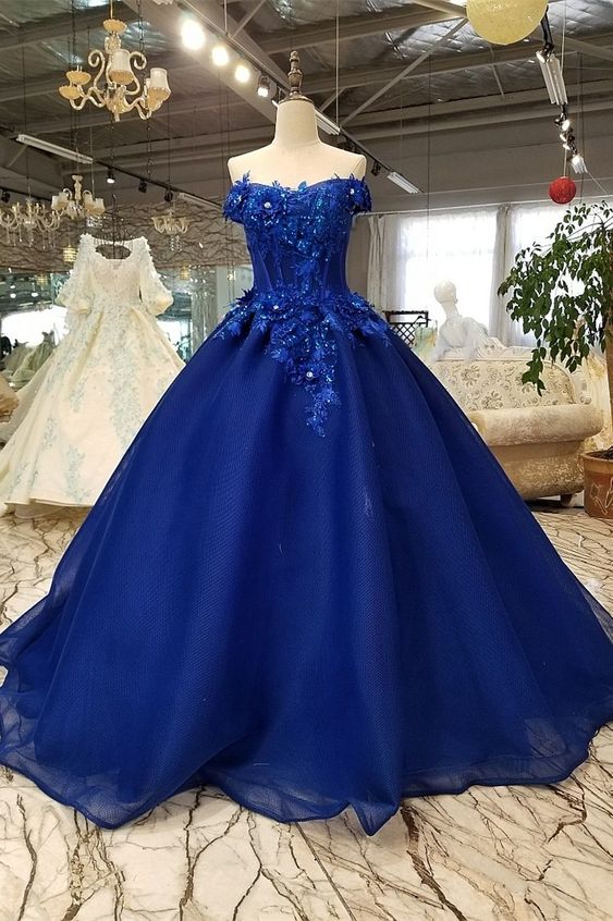 Ball Gown Off The Shoulder Corset Beaded Flowers Lace Royal Blue ...