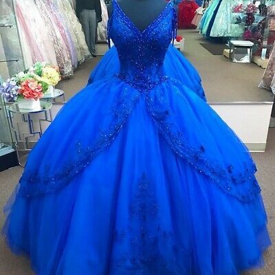 Beaded Royal Blue Ball Gown Quinceanera Dresses Ruffles Princess Sweet ...