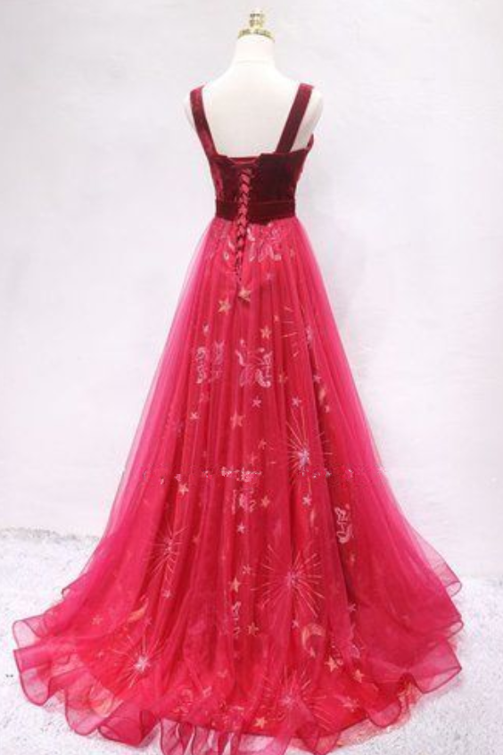 A Line Halter Neck Burgundy Tulle Prom Dress LBQ4019 main image 1