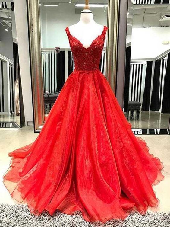 Charming Prom Dress, Tulle Sleeveless Prom Dresses, Appliques Red ...