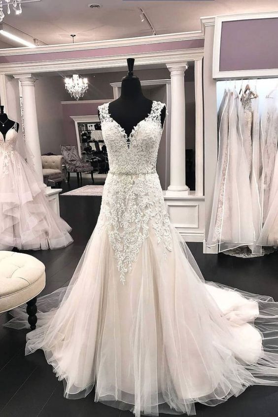 Unique V Neck Tulle Lace Long Wedding Dress, Bridal Dress M661 on Luulla