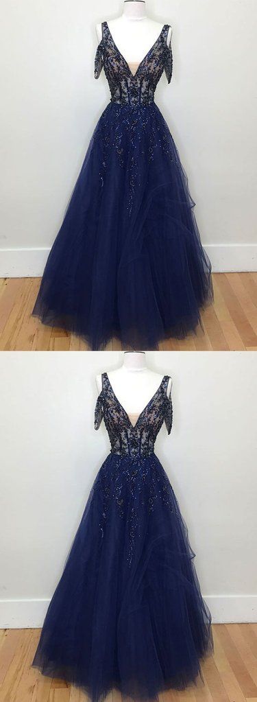 Dark Blue Tulle V Neck Lace Evening Dress, Beaded Prom Dress M696 on Luulla