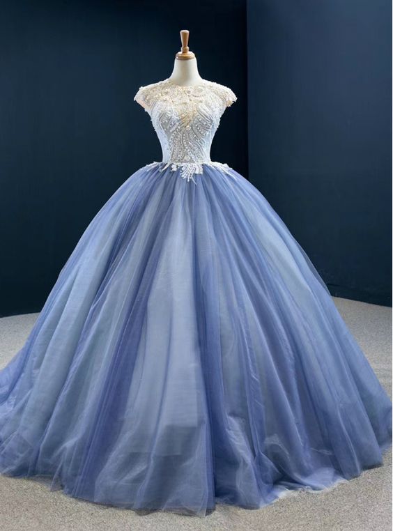 Royal Blue Cap Sleeves Long Ball Gown Party Dress, Blue Prom Dress